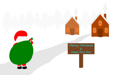 Merry Christmas and Happy new year Text. Letters for the holiday greeting gift poster. Xmas card. Design for Christmas day festival. Santa Claus carried a gift bag to give to this village.