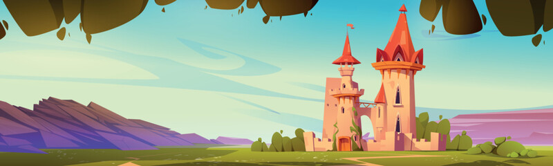 Fairy tale castle in green valley surrounded by mountains under blue sky. Cartoon vector illustration of fantasy kingdom with natural landscape and medieval royal palace. Colorful game background - obrazy, fototapety, plakaty
