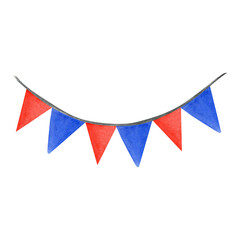 Obraz premium String garland of American flag set. Hand drawn watercolor png illustration on transparent background. Isolated hanging party decoration for 4th of july patriotic design of navy blue, bright red color