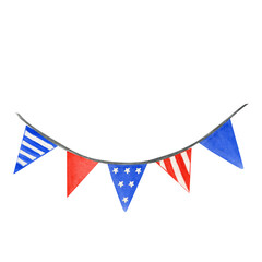 Obraz premium String garland of American flag set. Hand drawn watercolor png illustration on transparent background. Isolated hanging party decoration for 4th of july patriotic design of navy blue, bright red color