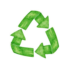 Obraz premium Green Recycled arrows icon. Watercolor hand drawn illustration isolated on transparent background. Ecological design Recycle Reuse Reduce concept. Recycled eco zero waste lifestyle PNG