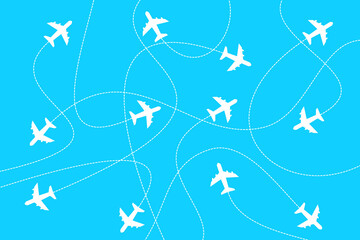 airplane travel routes. airplane on the blue background. Designed for use in making wallpapers. The flight path of each aircraft. Travel concept. Vector illustration.