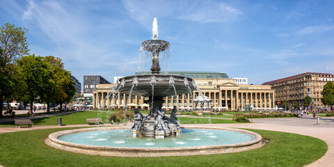 Stuttgart city Castle square Schlossplatz with fountain travel panorama in Germany