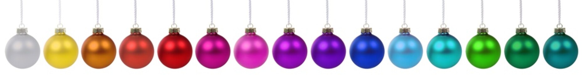 Christmas decoration balls baubles colorful banner in a row isolated on a white background