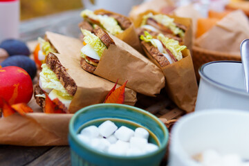 picnic in the autumn season, food on a wooden table, hot tea, pastries and sandwiches