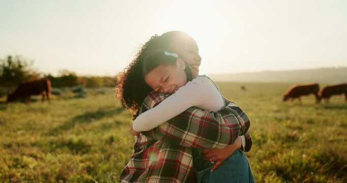 Agriculture, cows and mother hug child for sustainability farming, animal care and love on sky lens flare mock up. Sustainability family with group cattle for beef, meat or food supply chain industry