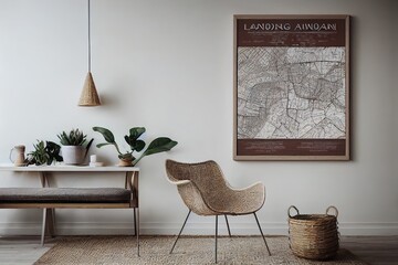 Design scandinavian home interior of living room with mock up poster map, stylish wooden bench, retro chair, rattan basket, flower and elegant accessories. Beige wall. Stylish home staging. Template.