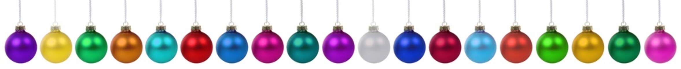 Collection of christmas balls colorful decoration banner in a row isolated on a white background