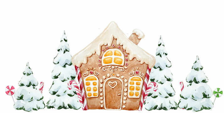 Beautiful christmas clip art composition with hand drawn watercolor cute gingerbread house with snow fir trees. Stock illustration.