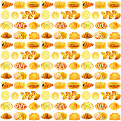 色々なパンのパターン　手描き水彩イラストの食べ物柄テキスタイル