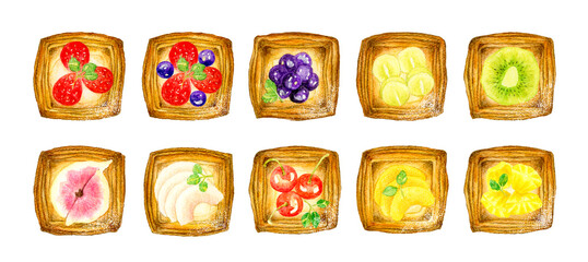 Obraz premium フルーツデニッシュセット 菓子パンの手描き水彩イラスト素材集