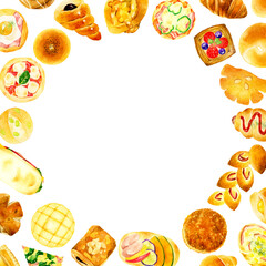 パンの円形フレーム　食べ物の手描き水彩イラスト背景素材