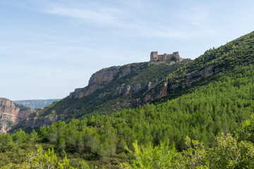 Beautiful landscape photo with mountains and trees and on a mountain cut the Chirel castle in Cortes del Pallas, Valencian community, Spain