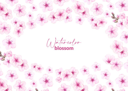 Watercolor floral template of pink cherry, apple, almond or sakura blossoms. Botanical frame of blomming tree. Hand drawn background for wedding design, invitation or stationery card print.