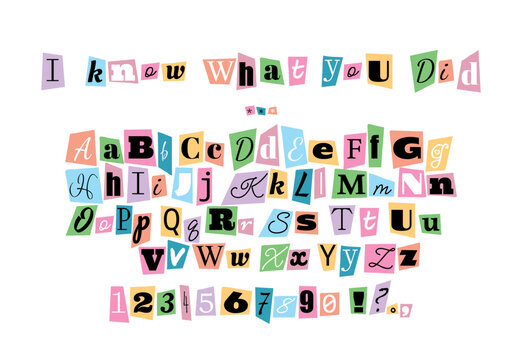 Alphabet in the style of anonymous messages. Letters cut out of a newspaper or magazine on a white sheet of paper.