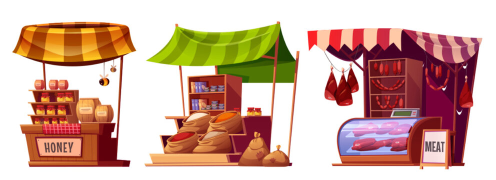 Set of local market stalls isolated on white background. Cartoon vector illustration of street shops selling honey, grocery and fresh meat. Colorful stands with domestic food. Game design elements