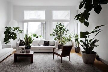Stylish living room interior with beautiful house plants