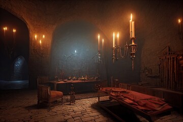 Dracula castle's torture room interior with torture tools and bloody furniture lit by candlesticks. Indoor of Transylvanian vampire horror dungeon for games background. 3D illustration Halloween theme - obrazy, fototapety, plakaty