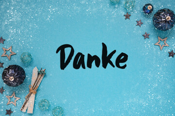 Turquoise Christmas Background, German Text Danke Means Thank You, Snowflakes