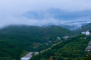 Fototapeta premium the layers of mountain with sunlight and clouds in Da Lat, Lam Dong, Viet Nam