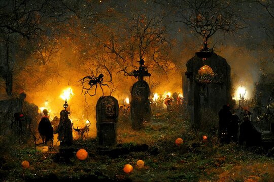 Halloween Scene With Mystical Atmosphere, Dark Scary Mood, With Pumpkins, Dark Clouds And Sky, Big Moon,  Illustration For Use In Movies, Games And Books.