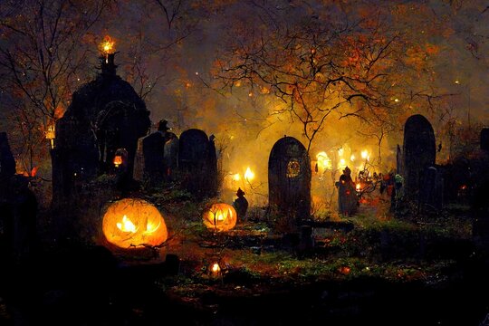 Halloween Scene With Mystical Atmosphere, Dark Scary Mood, With Pumpkins, Dark Clouds And Sky, Big Moon,  Illustration For Use In Movies, Games And Books.