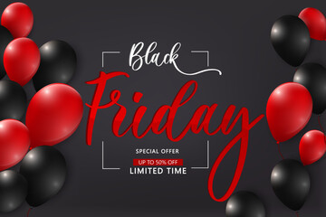 Black Friday sale poster. Seasonal discount banner with red and black balloons on dark background. Holiday design template for advertising shopping, closeout on thanksgiving day.