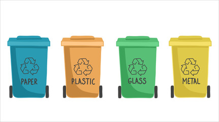 Containers or recycle bins for paper, plastic, glass and metal trash. Concept of separate garbage collection. Dumpsters of different colors isolated on white background. Flat raster illustration