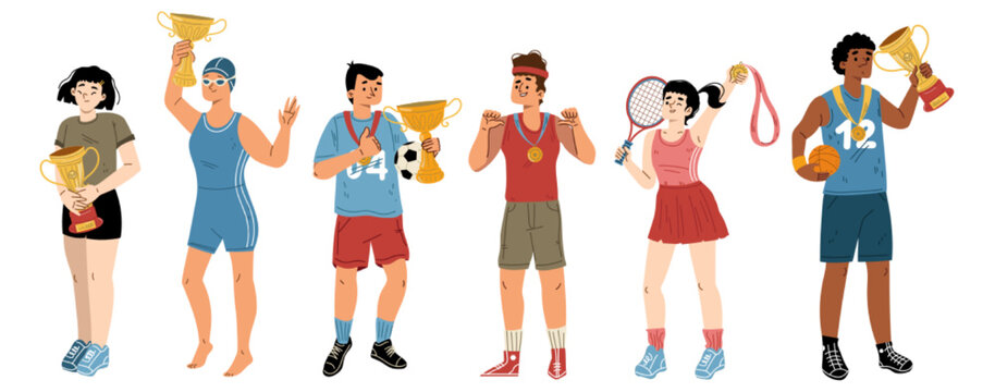 Sportsmen winners and champions. Young smiling happy sports characters holding golden trophy in hands celebrate victory in soccer, tennis, swimming competition, Cartoon linear flat vector illustration © klyaksun