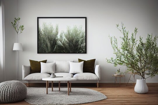 Scandinavian design room with olive trees. Mockup frame in cozy home interior background. Farmhouse style 3d render illustration.