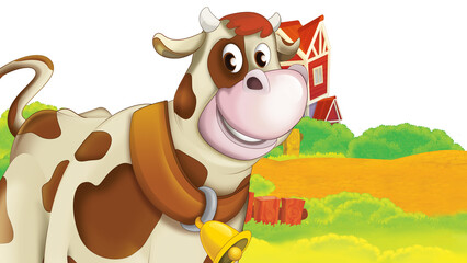 cartoon farm scene with happy cow illustration