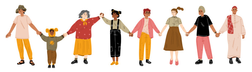 Happy people holding hands isolated on white background. Multiethnic female, male adult characters and children standing in row together and smiling. Friendship, support and unity. Vector illustration