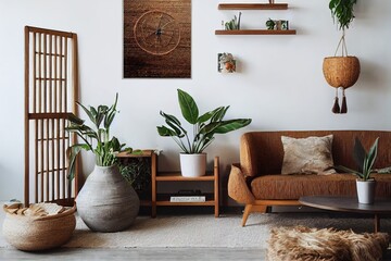 Stylish boho interior of living room with brown mock up poster frame, elegant accessories, flowers in vase, wooden shelf and hanging rattan hut. Minimalistic concept of home decor. Template.