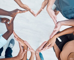 Teamwork hands, heart and diversity partnership, business people support or community care,...