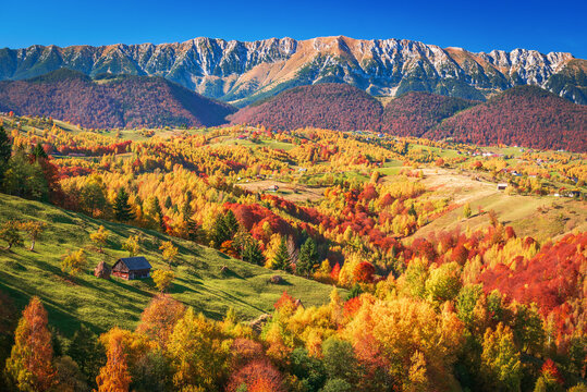 Carpathian Mountains, Piatra Craiului. Autumn landscape with october colors in Tansylvania, Romania.