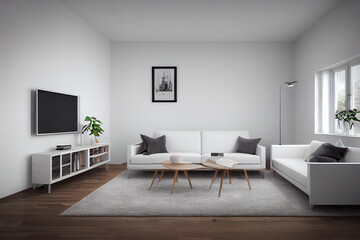 Fototapeta premium Stylish Modern wooden living room in white background, Scandinavian style, Rattan home decor, 3D render, 3D illustration