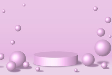 Realistic 3D lilac, pink cylindrical pedestal in an abstract room with bouncing spherical balls. Minimal scene for product mockup for showcase, advertising display. Vector geometric shapes design., bu