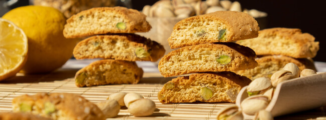 Biscotti Cantuccini Cookie Biscuits with pistachios and lemon peel Shortbread. Healthy eating food....