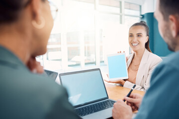 Tablet, laptop green screen with people in business meeting for website design marketing presentation, ux ui review or advertising. Corporate manager team with application technology branding mock up