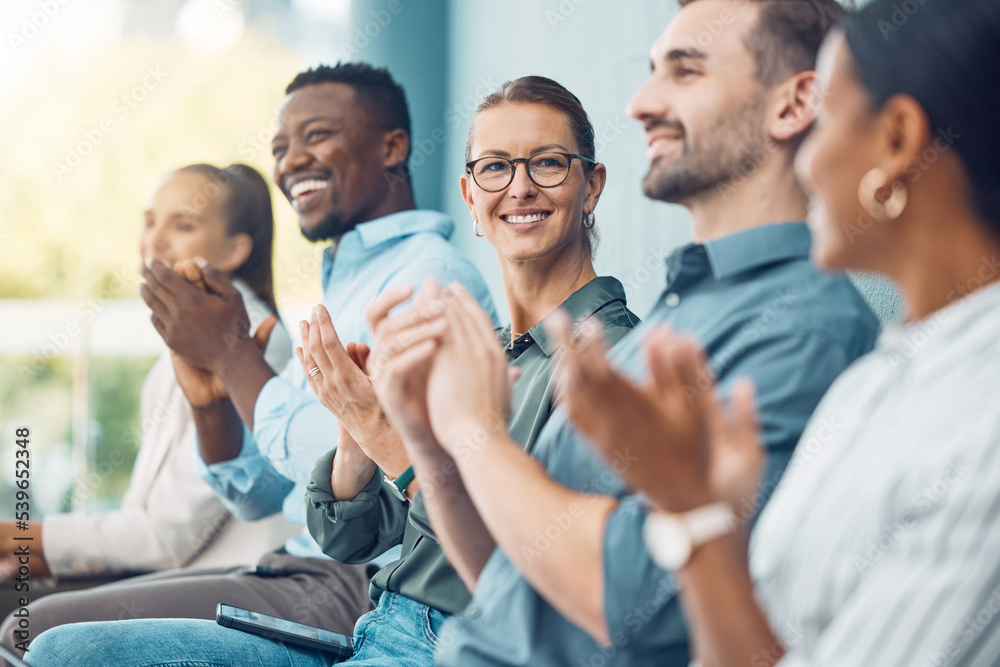 Poster Business audience, hands and clapping in support of speech or presentation during a conference with business people. Business meeting, applause and success with excited colleagues cheering together