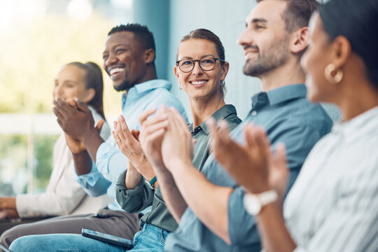 Business audience, hands and clapping in support of speech or presentation during a conference with business people. Business meeting, applause and success with excited colleagues cheering together