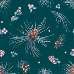 Mistletoe and cones, pine needles. Christmas seamless pattern, design for fabric, packaging, wallpaper, accessories and background.