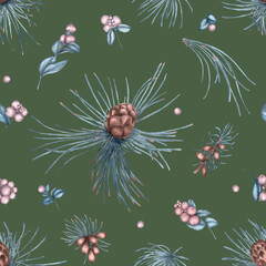 Mistletoe and cones, pine needles. Christmas seamless pattern, design for fabric, packaging, wallpaper, accessories and background.