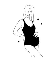 Linear pregnant woman. Abstract female silhouette in black underwear. Happy Mothers day. Modern vector illustration in line art style.