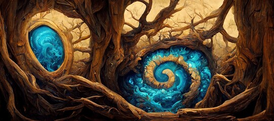 Abstract fantasy woods, ancient oak trees bent and twisted by fiery magical energy, cloudy ethereal swirls and dreamy fantasia world filled with wonder and mythical mystery.