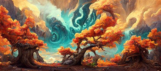 Abstract fantasy woods, ancient oak trees bent and twisted by fiery magical energy, cloudy ethereal swirls and dreamy fantasia world filled with wonder and mythical mystery. - obrazy, fototapety, plakaty