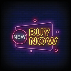 Neon Sign buy now with brick wall background vector