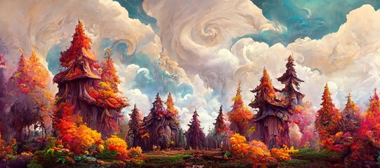 Obraz na płótnie Canvas Abstract fantasy woods, ancient oak trees bent and twisted by fiery magical energy, cloudy ethereal swirls and dreamy fantasia world filled with wonder and mythical mystery.