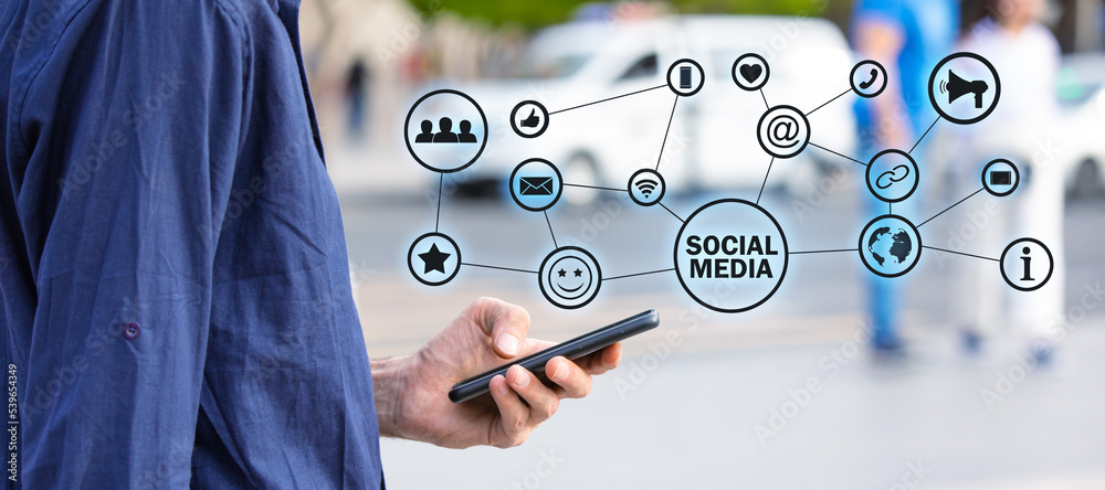 Wall mural man using smartphone. social media. network. technology. communication