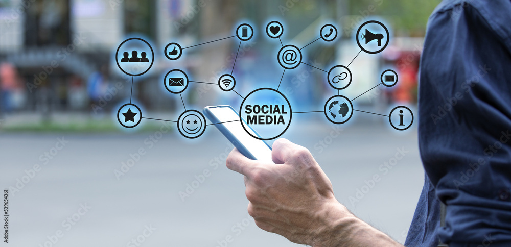 Wall mural man using smartphone. social media. network. technology. communication